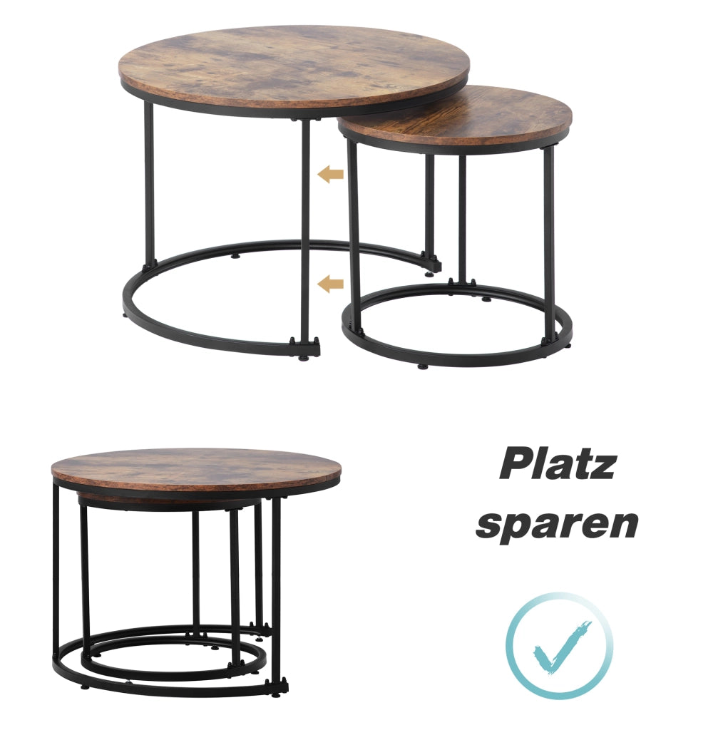 Set 2 tavolini da caffè rotondi impilabili in MDF effetto legno; marrone