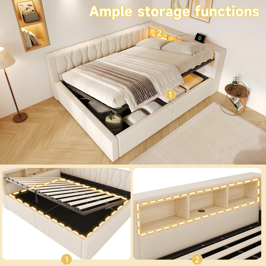 Letto contenitore 140x200 cm con sollevamento idraulico; LED dimmerabile; testiera con ripiano e USB; beige