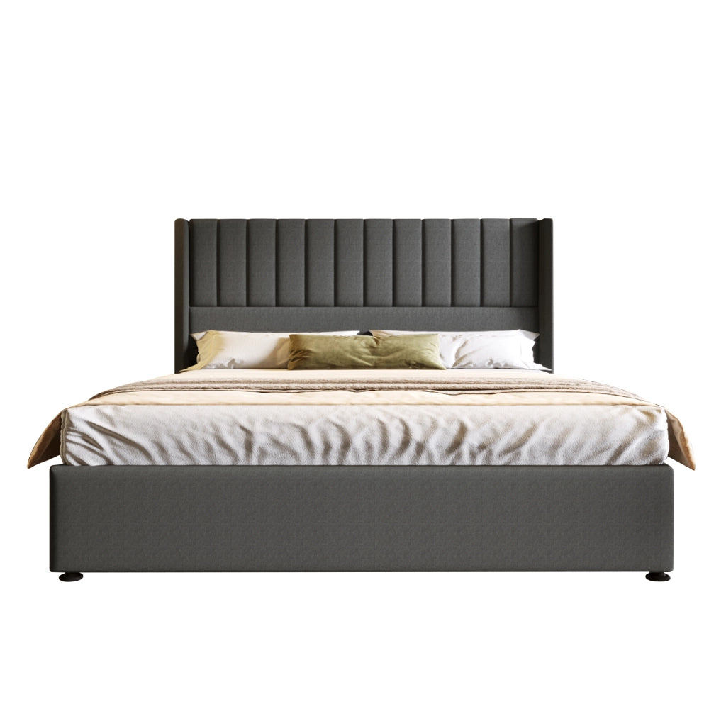 Letti contenitori 140x200 cm; sollevamento idraulico; legno e metallo; grigio (Senza materasso)