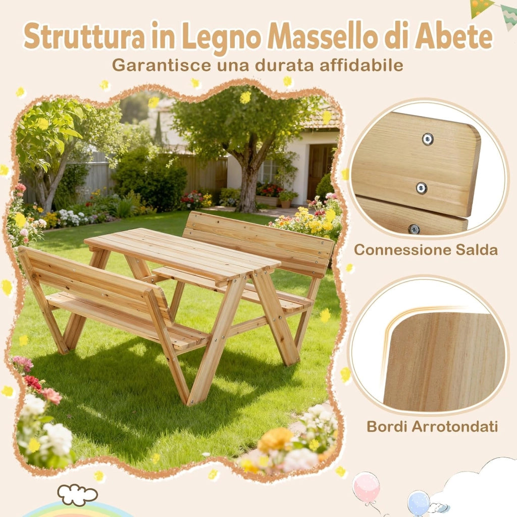 Tavolo da Picnic per Bambini in Legno con 2 Panche Integrate | Set di Tavolo e Sedie per Attività all'Aperto, Mobili per Bambini 3+ Anni per Cortile, Patio e Giardino