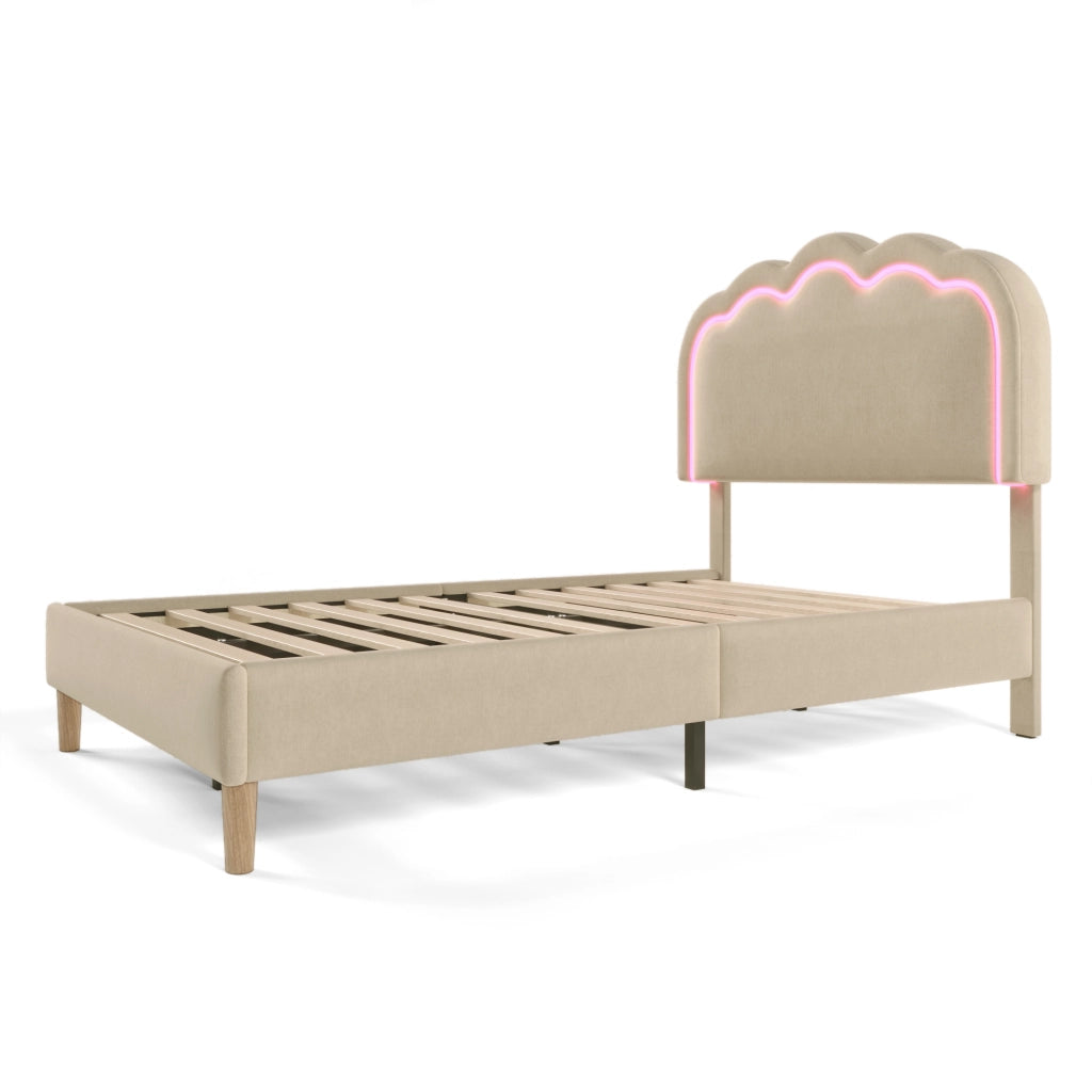 Letto Singolo 90 × 200 cm con Testiera Regolabile e LED; senza Materasso; in Lino; Beige