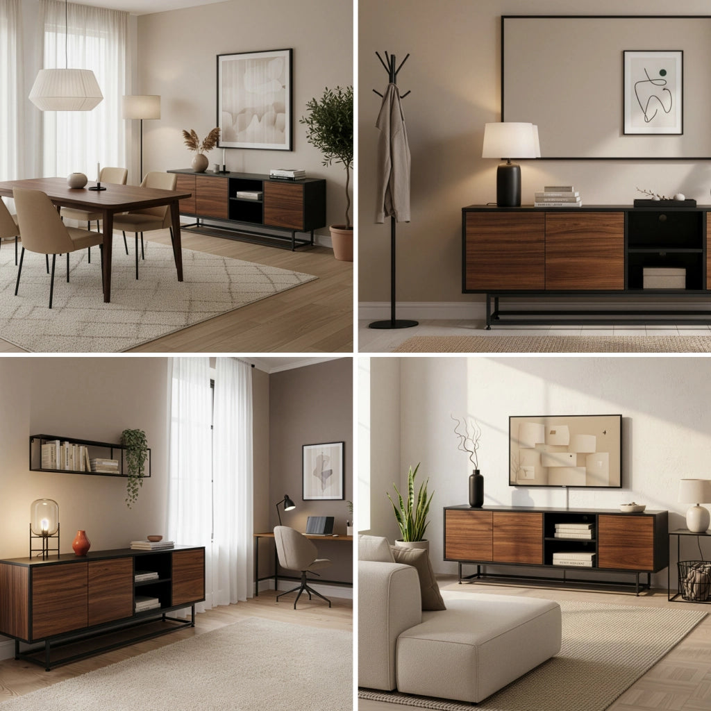 Armadietto Boxholm Credenza Bassa con 3 Ante Push-Open e 2 Vani Aperti 160x30x57 cm Nero / Effetto Noce [en.casa]