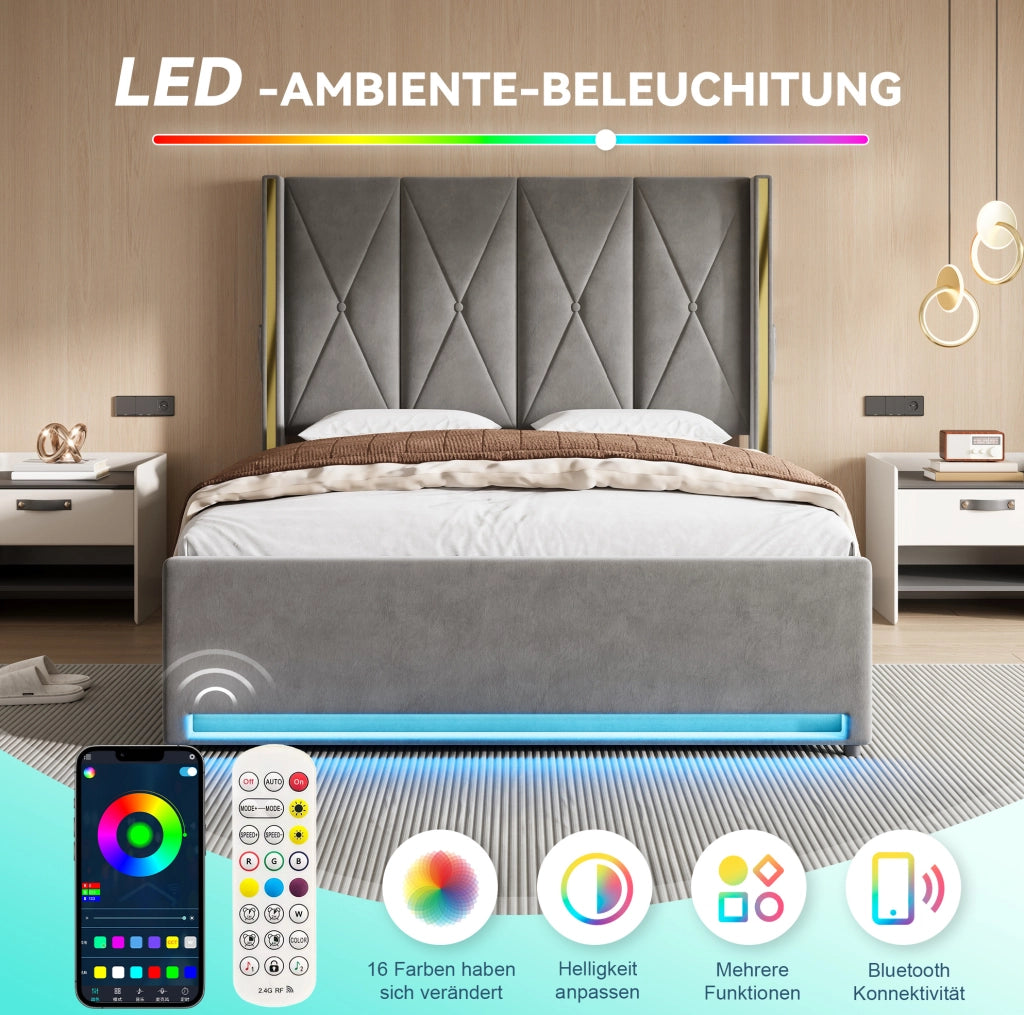 Letto contenitore 160x200 cm in velluto grigio scuro con LED e USB