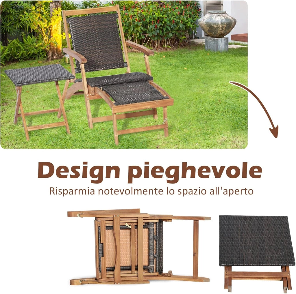 Set Sedia a Patio e Tavolo, Poltrona con Poggiapiedi Telescopico Lungo, Mobili da Giardino da Esterno Pieghevole, in Rattan e Legno di Acacia, per Esterni, Giardino, Cortile