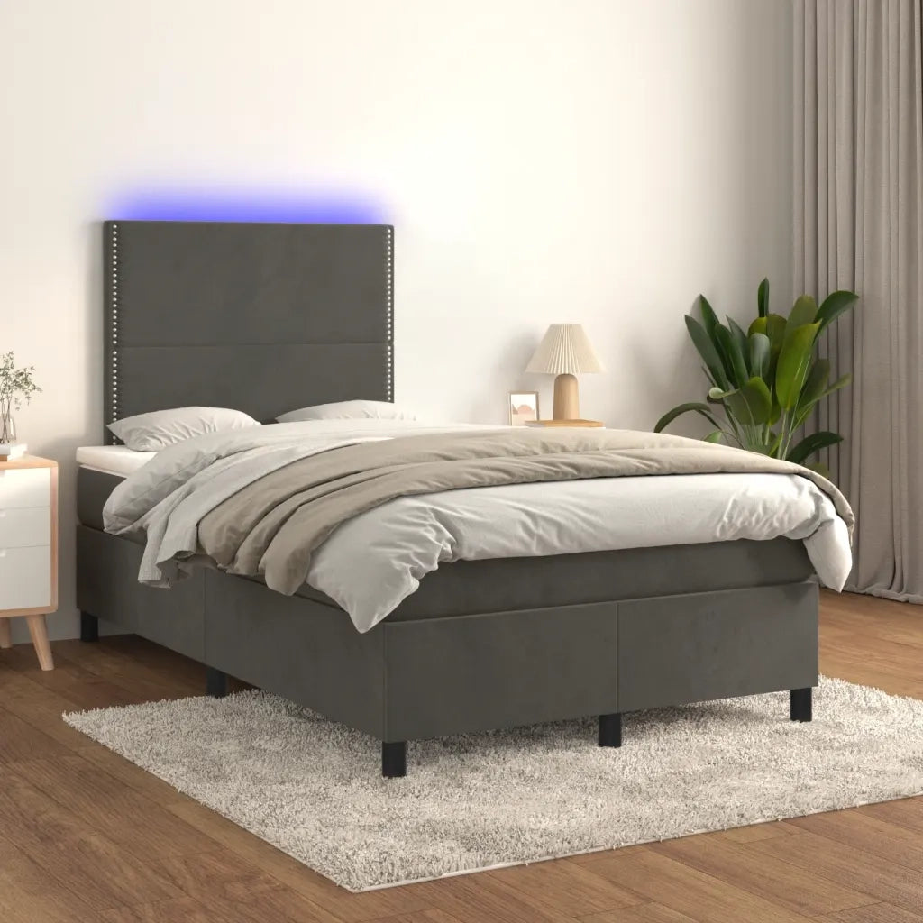 Letto a Molle Materasso e LED Grigio Scuro 120x190cm in Velluto