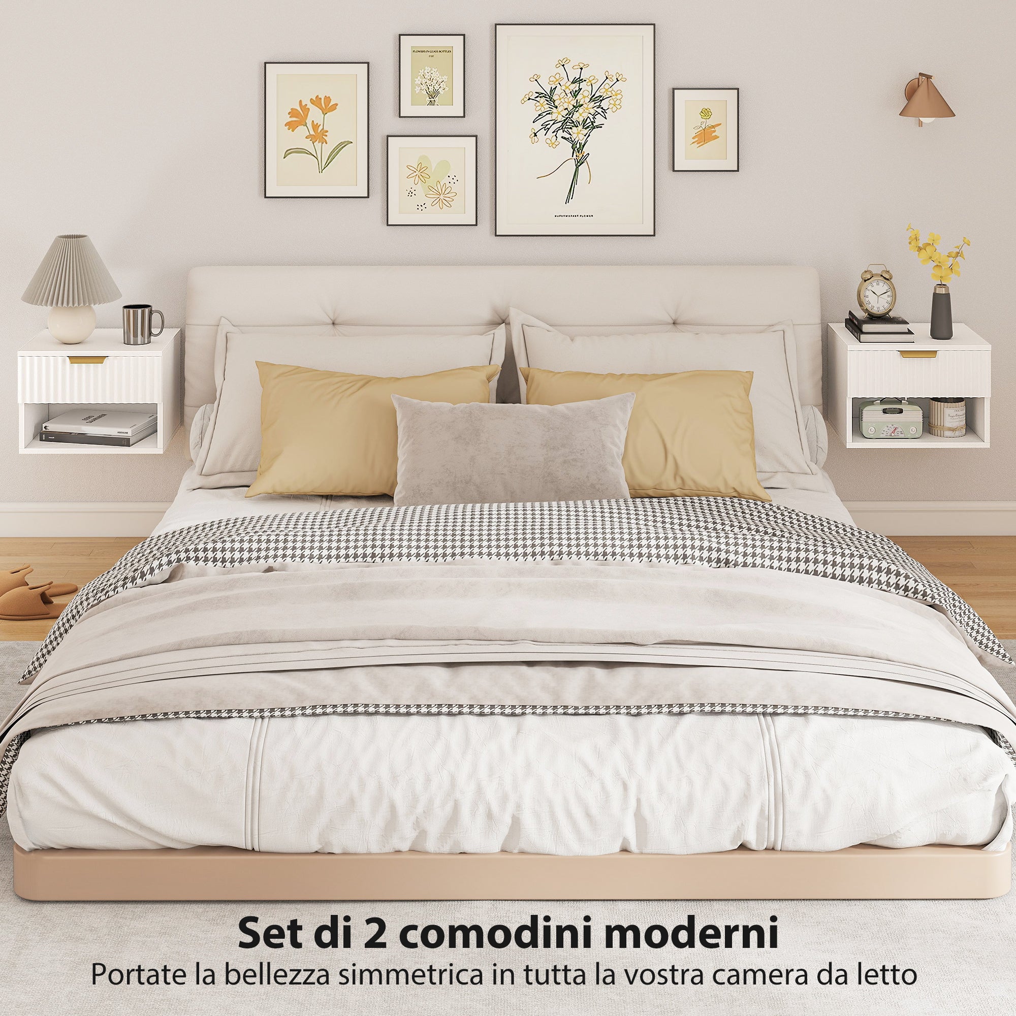 Set di 2 Comodini Sospesi 40x34x29 cm con Pannelli Scanalati Cassetto e Ripiano Bianco