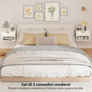 Set di 2 Comodini Sospesi 40x34x29 cm con Pannelli Scanalati Cassetto e Ripiano Bianco