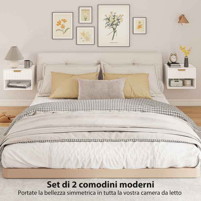Set di 2 Comodini Sospesi 40x34x29 cm con Pannelli Scanalati Cassetto e Ripiano Bianco