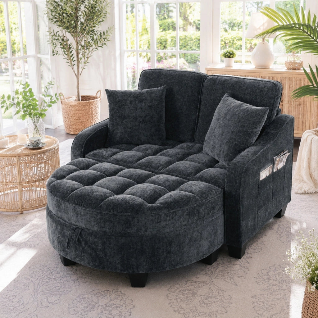 Divano letto 2 in 1 con pouf contenitore; 132x129x93 cm; in eucalipto; nero