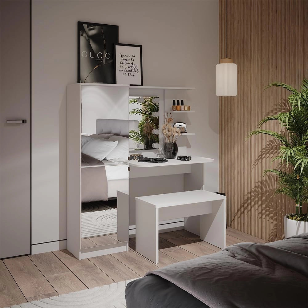 Vicco Tavolo da toilette Jasmin, Bianco, 123 cm con illuminazione a LED e panca