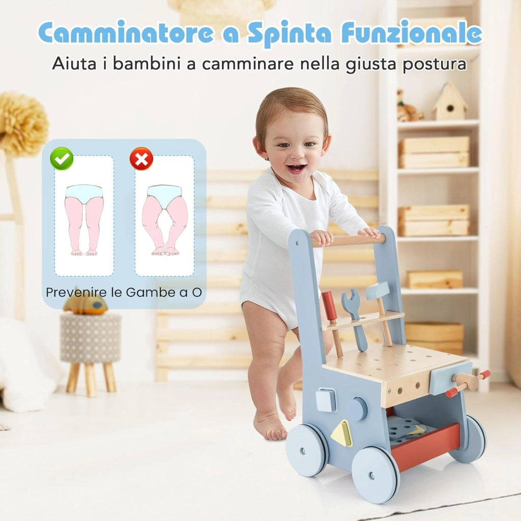 2-in-1 Girello Neonato in Legno, Camminatore con Giocattoli e Attrezzi, Primi Passi per Bambini con Montessori, Carrello Primi Passi con Ruote, con Banco da Lavoro, per Bambini 3+ Mesi