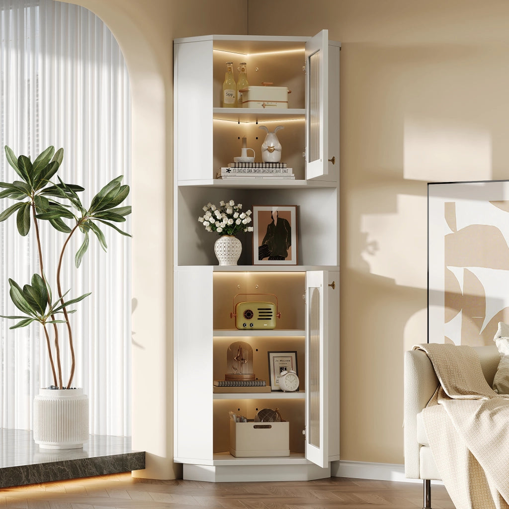 Mobile da bagno angolare con ripiani regolabili e illuminazione integrata - per bagno - in MDF - bianco