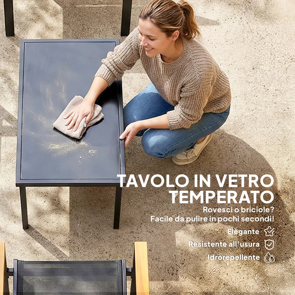 Set da giardino 4 pezzi con tavolino in vetro temperato e sedute in tessuto Teslin ¨C zephmum ¨C nero