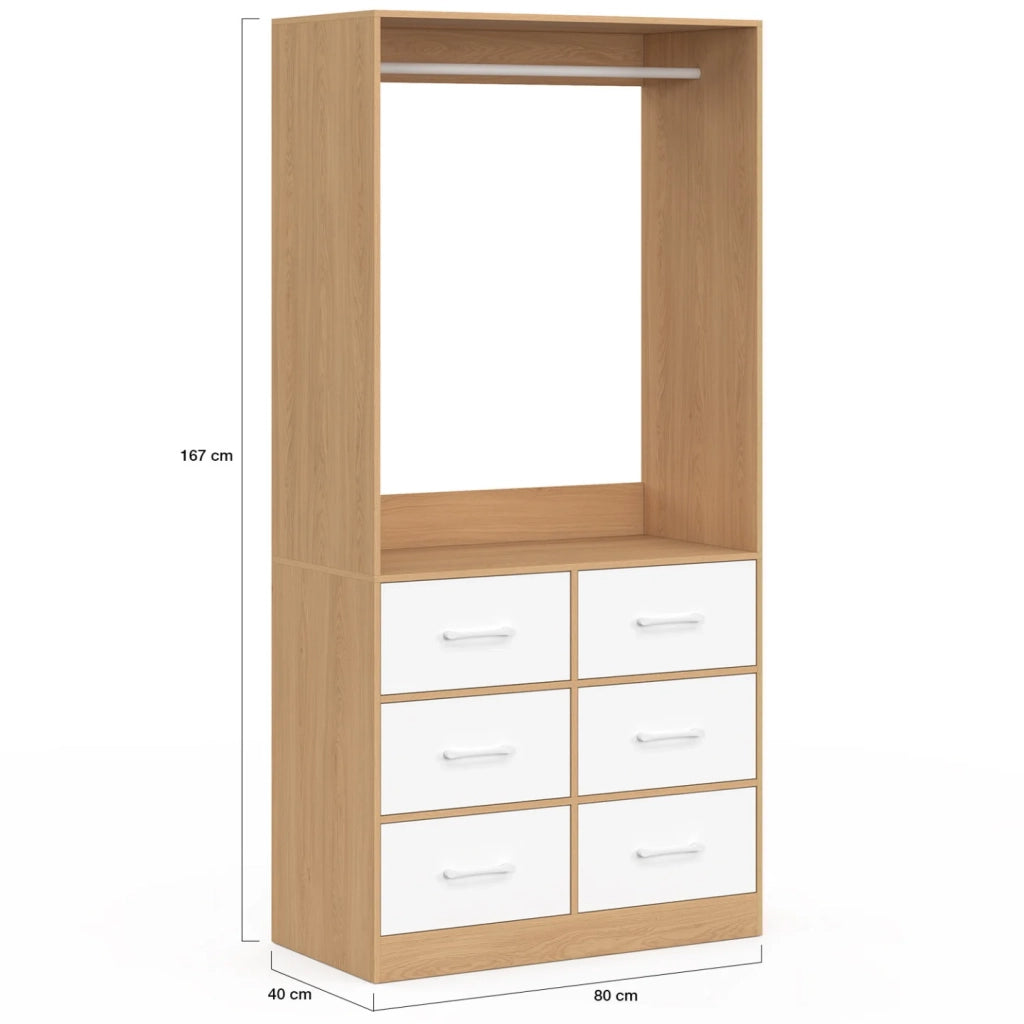 IDMarket - Armadio UPPAH L. 80 cm con 6 cassetti in faggio e bianco