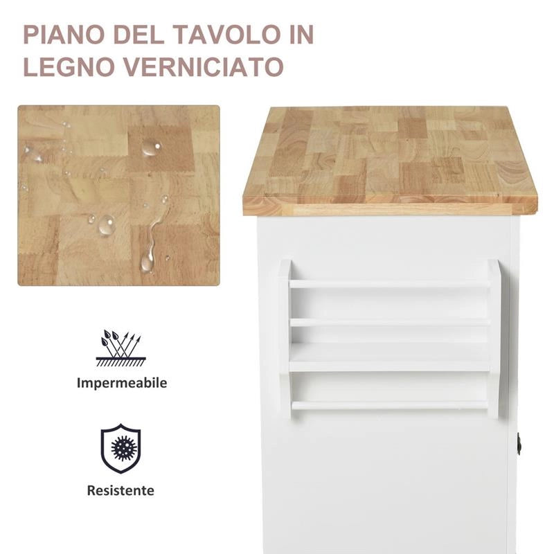 CARRELLO DA CUCINA PORTAVIVANDE CON CASSETTI E PORTASPEZIE IN LEGNO BIANCO