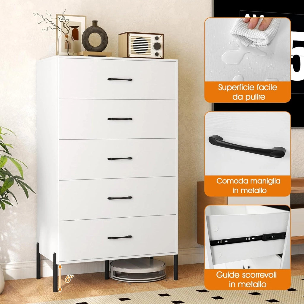Cassettiera 5 Cassetti, Comò Alta Moderna in Legno con Gambe e Maniglie in Metallo, con Kit Anti-Ribaltamento, per Ufficio, Soggiorno e Camera da Letto, 71 x 40 x 125 cm