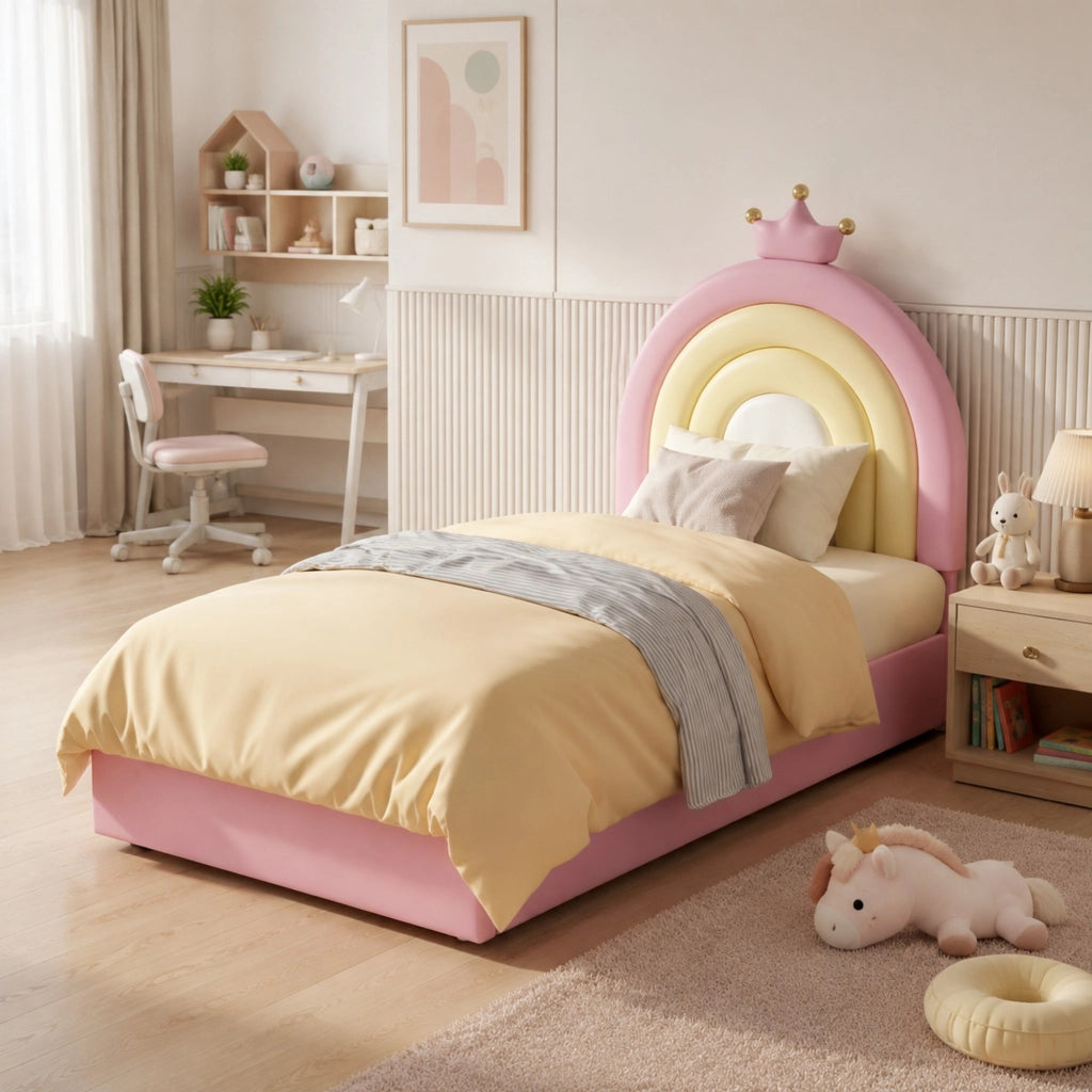 Letto imbottito singolo 90x200 cm in PU rosa; testiera regolabile e rete a doghe