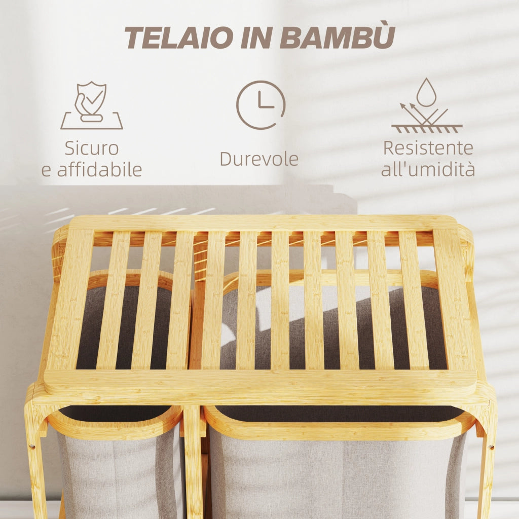 Cestino Portabiancheria con 3 Sacchi e Ripiani ¨C Zephmum ¨C Bamb¨´, Tessuto, 50x32x69.7 cm