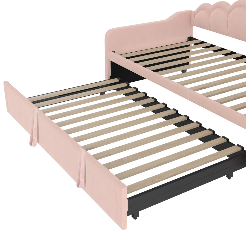 Letto estraibile 90 × 200 cm con secondo letto, LED regolabili, senza materasso, in velluto rosa