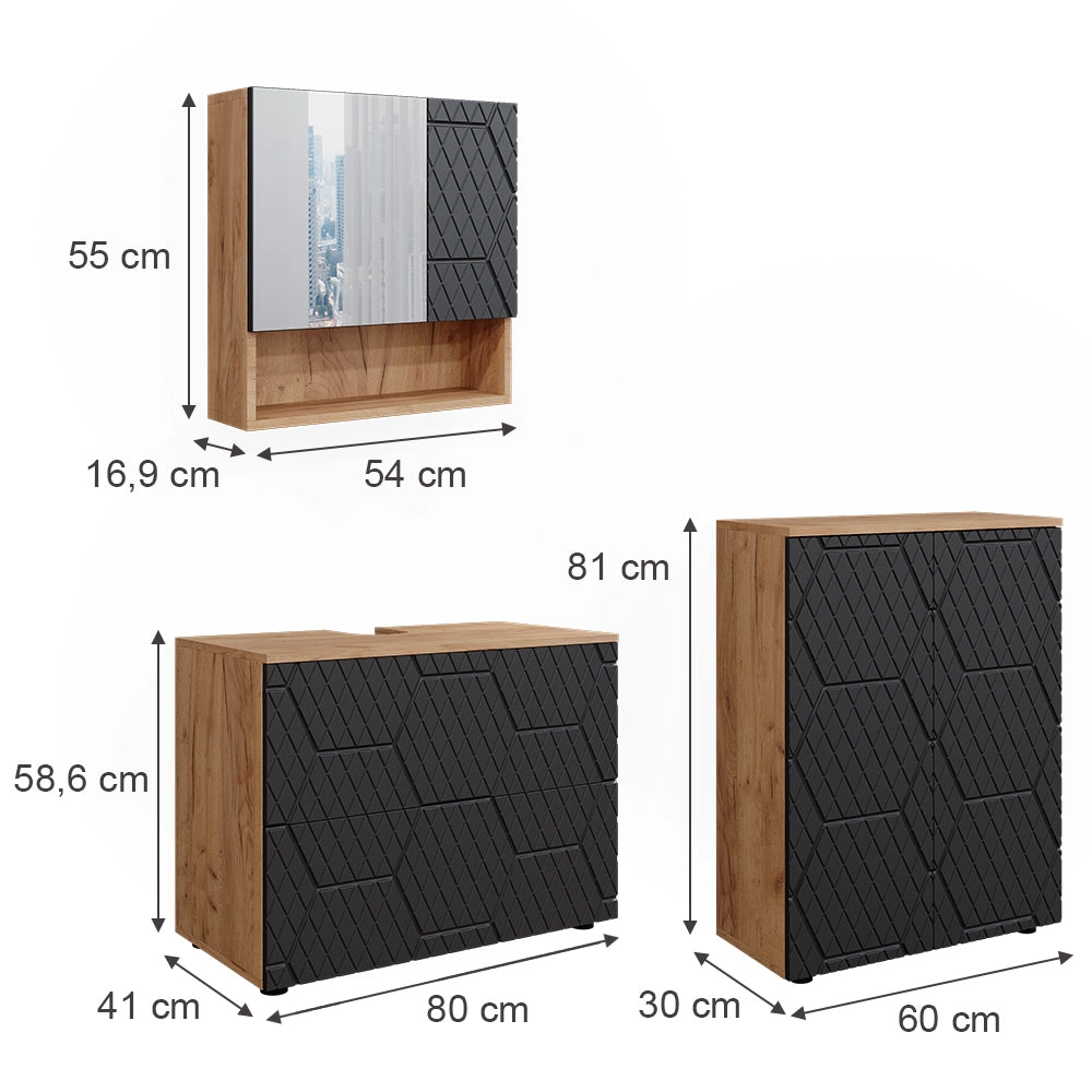 Vicco Set mobili bagno Antracite con struttura a nido d'ape 3 parti, con base 80 cm