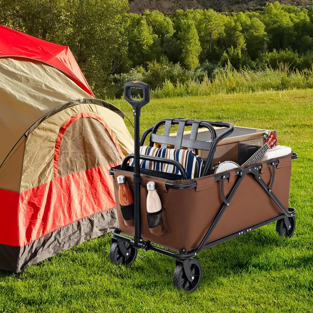 Carrello da Spiaggia Pieghevole 170 L, Carrello con Ruote Portatutto con Maniglia Regolabile e 360° Ruote, Portabottiglie e Tasca Portaoggetti, Carretto Giardino per Campeggio (Marrone)
