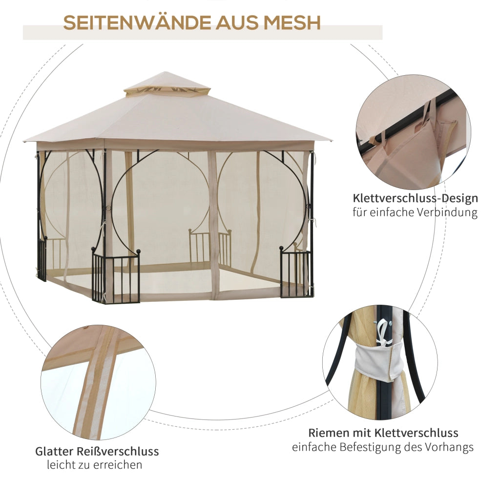 GAZEBO da giardino 295x295x275 cm con doppio tetto in metallo beige