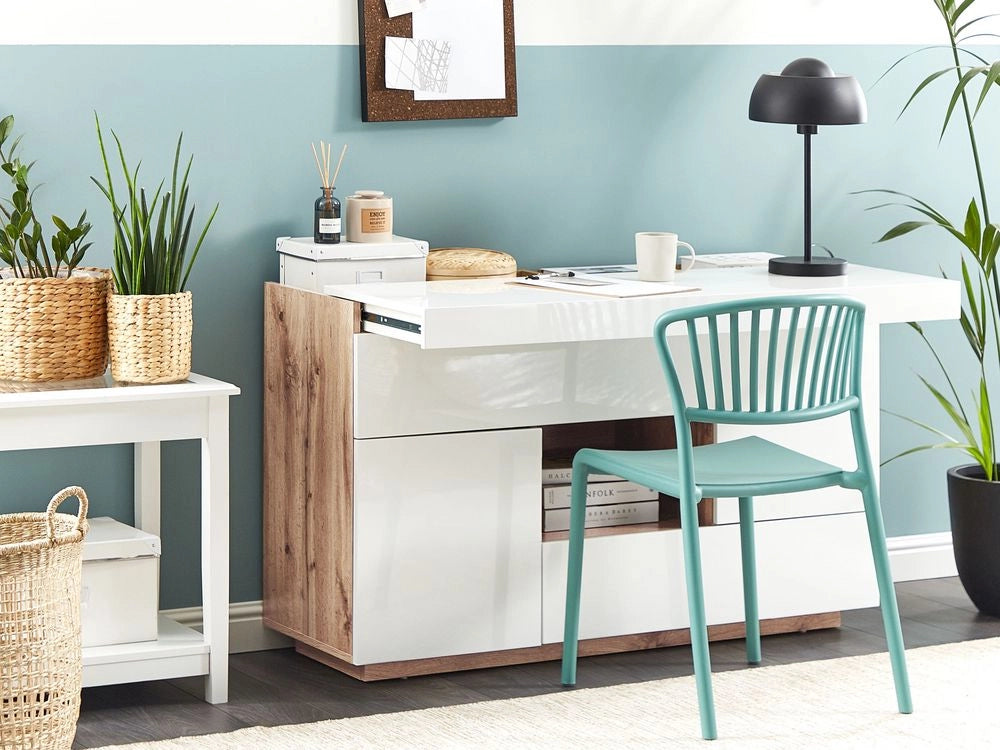 Credenza e scrivania bianca con impiallacciatura di carta MDF in legno chiaro 2 in 1 con cassetti Scaffali Armadi