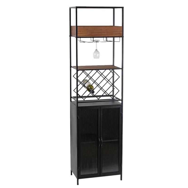 MOBILE PORTABOTTIGLIE IN LEGNO E METALLO CON PORTABOTTIGLIE E PORTA BICCHIERI H 181X35X49.5 CM COLOR NERO E LEGNO