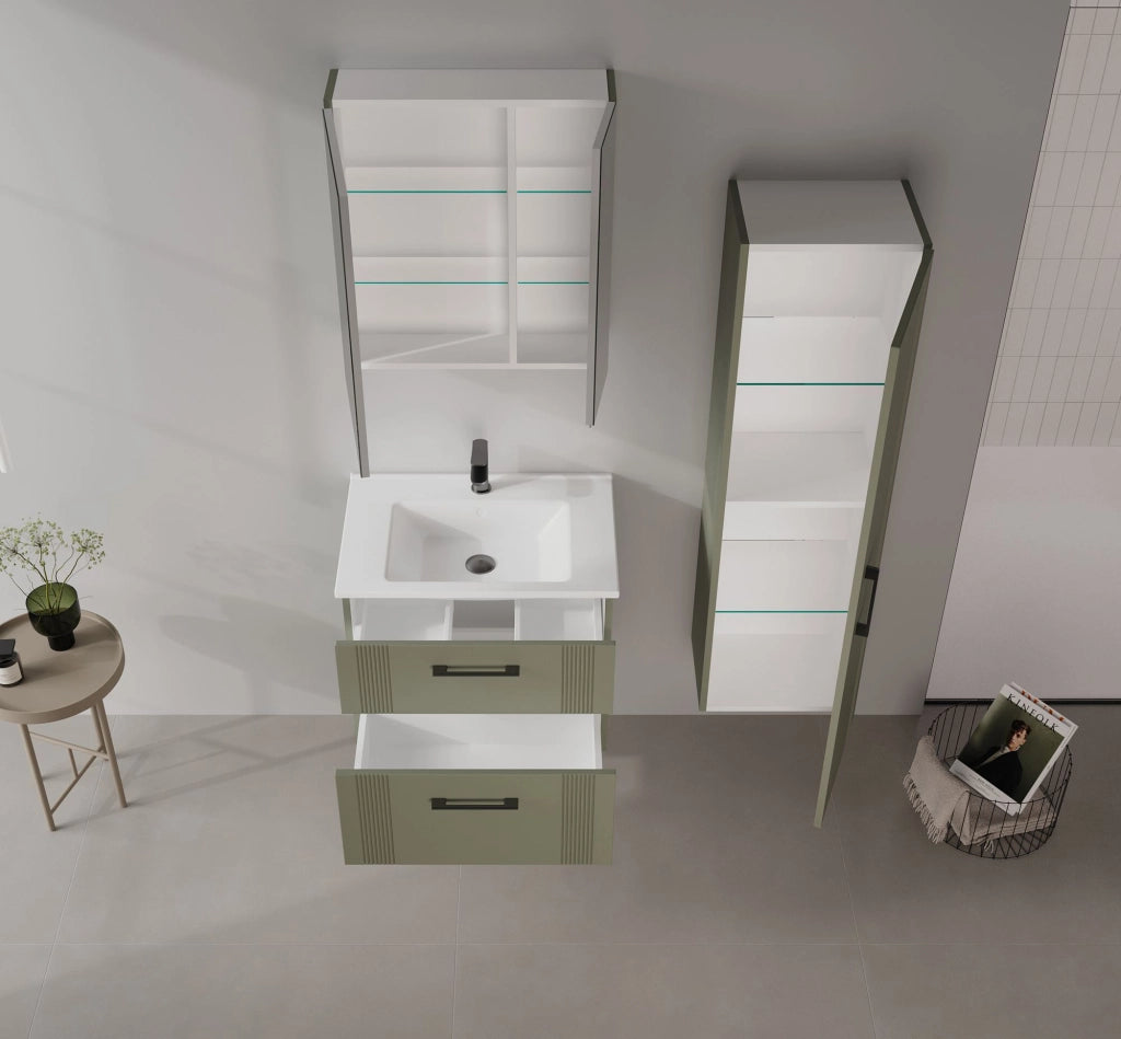 Set mobile lavabo con specchio (2 pezzi) "Bari 65 v2" - 65 x 45 x 55 cm - Verde opaco