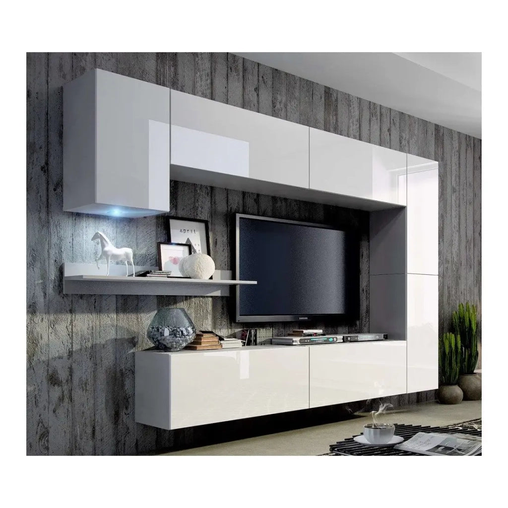 Set di mobili da soggiorno bianchi sospesi collezione CEPTO VI 256 cm, 7 porte, 6 scaffali, LED, modulari