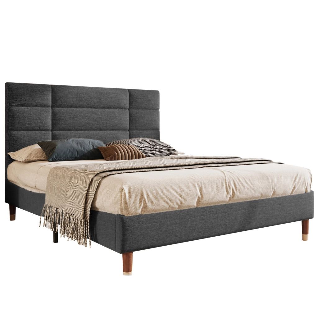 Letto matrimoniale 140x200 cm imbottito con rete a doghe; grigio; struttura in legno