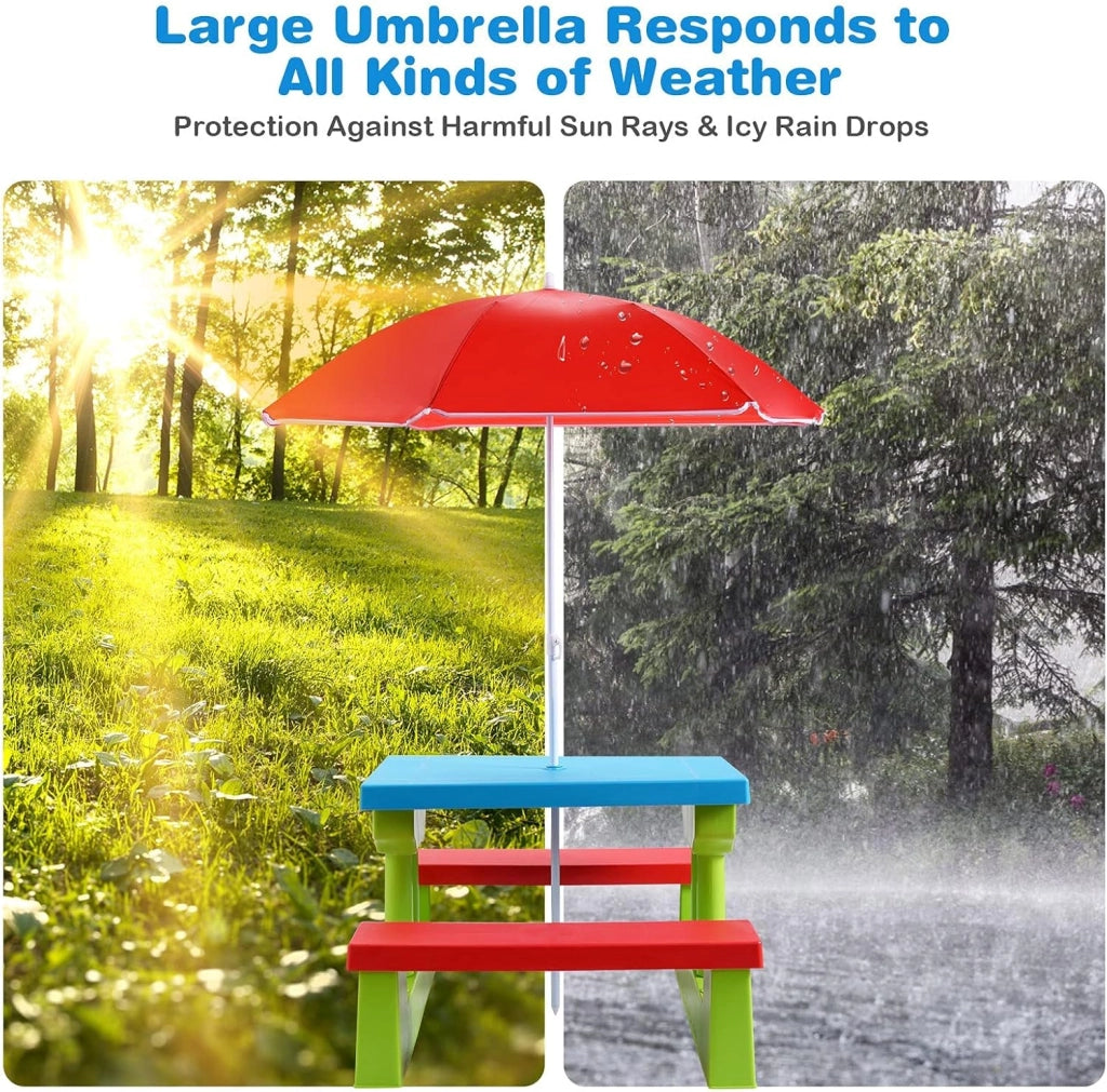 Tavolo da Picnic, Set di Tavolo e Sedie per Bambini con Parasole Pieghevole per Giardino/Terezzo/Parco, Bambini più di 3 Anni (Verde + Rosso + Blu)