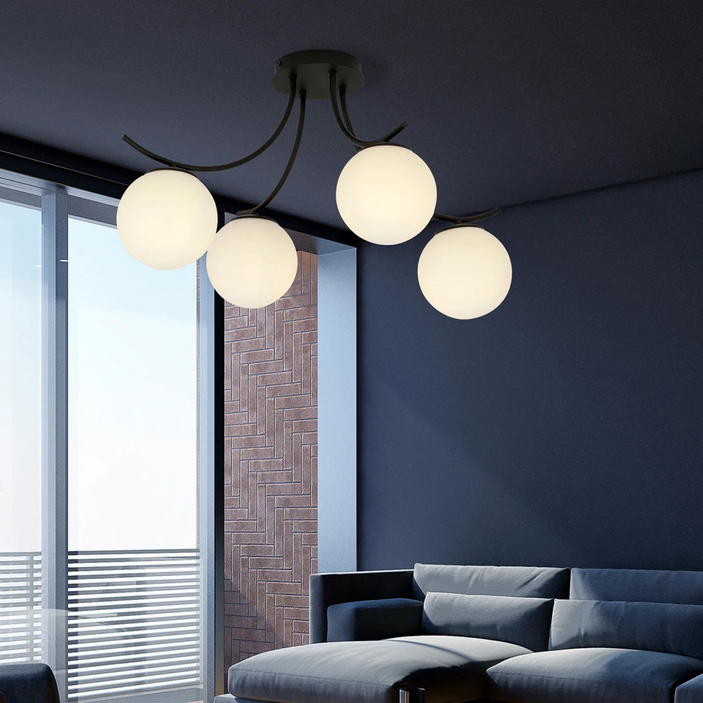 Plafoniera Moderna 4 Luci Coeo In Acciaio Nero E Diffusori In Vetro Opale