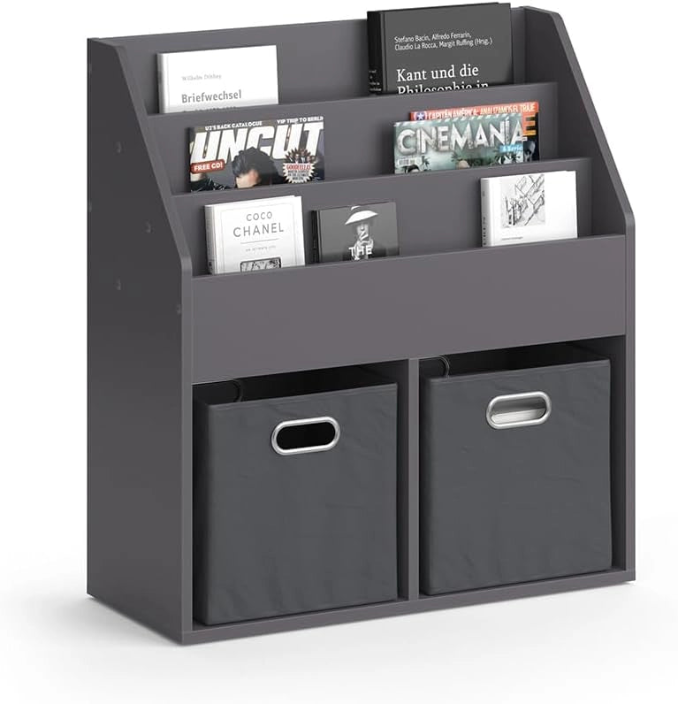 Libreria bambini Luigi, Grigio, 72 x 79 cm con 2 scatole pieghevoli opt.1, combinabile per riporre libri e giocattoli