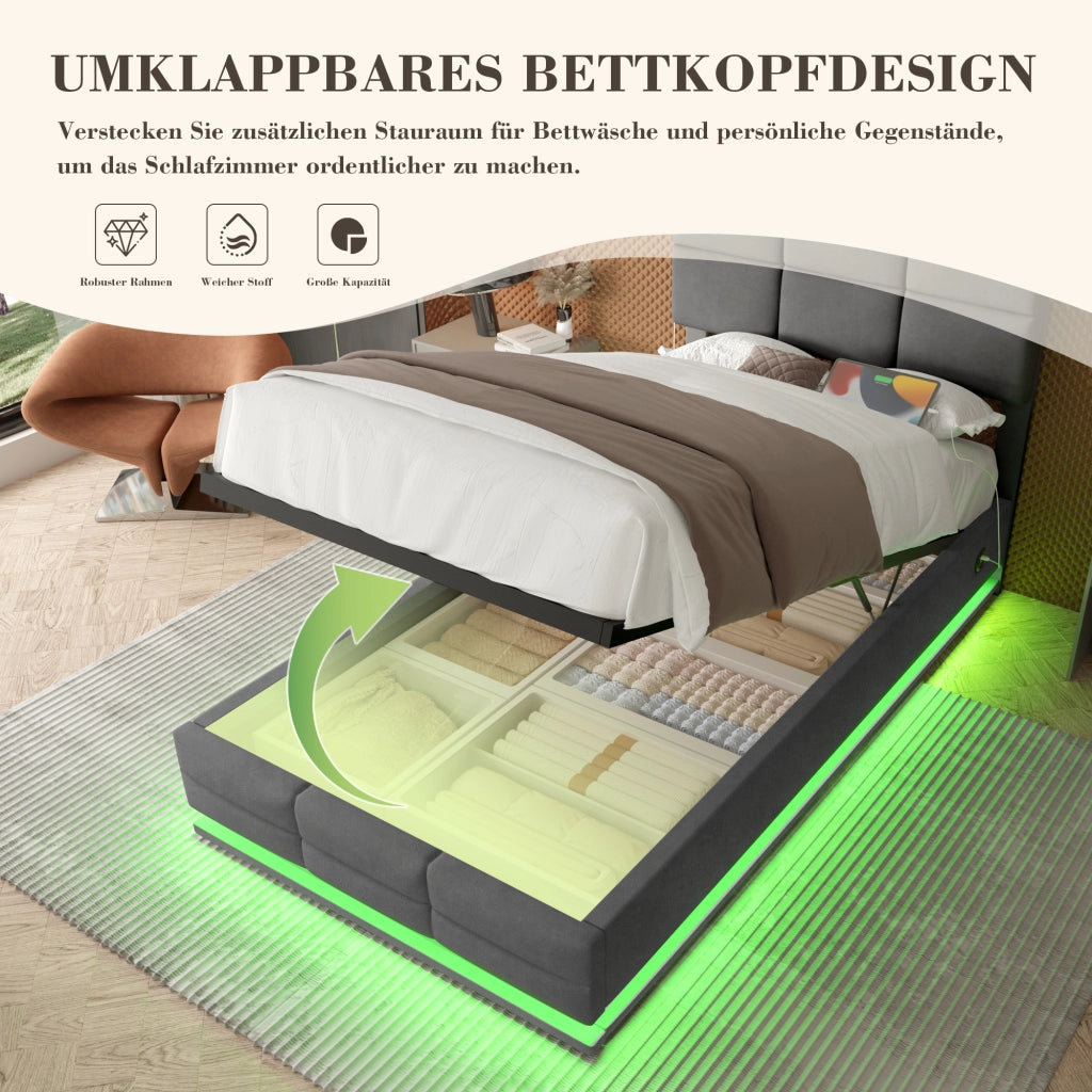 Letto Singolo 90 x 200 cm con Contenitore; USB; LED Regolabile e Testiera Regolabile