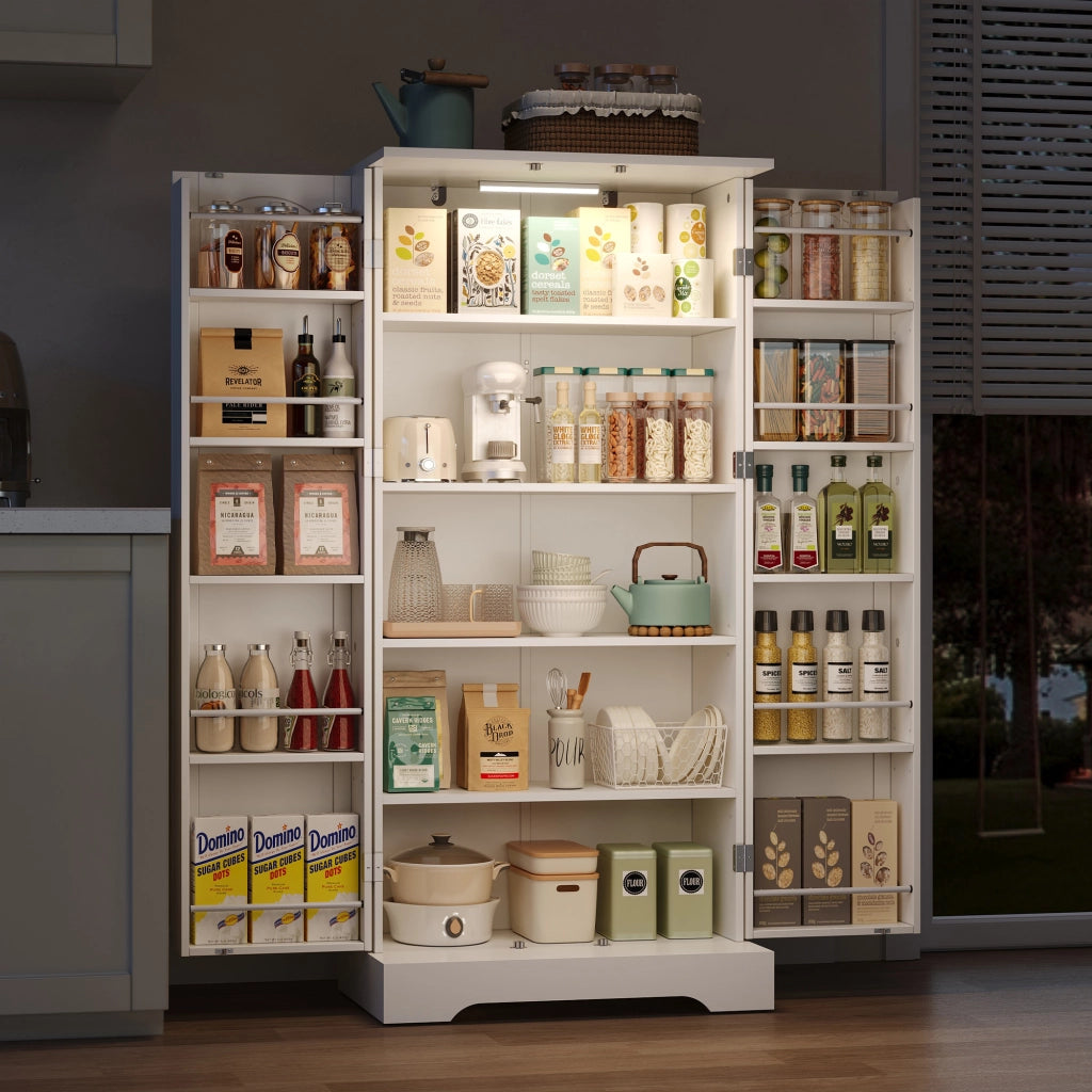 Credenza cucina compatta 60×35×128 cm bianca con luce LED sensore, ripiani regolabili e 1 collo