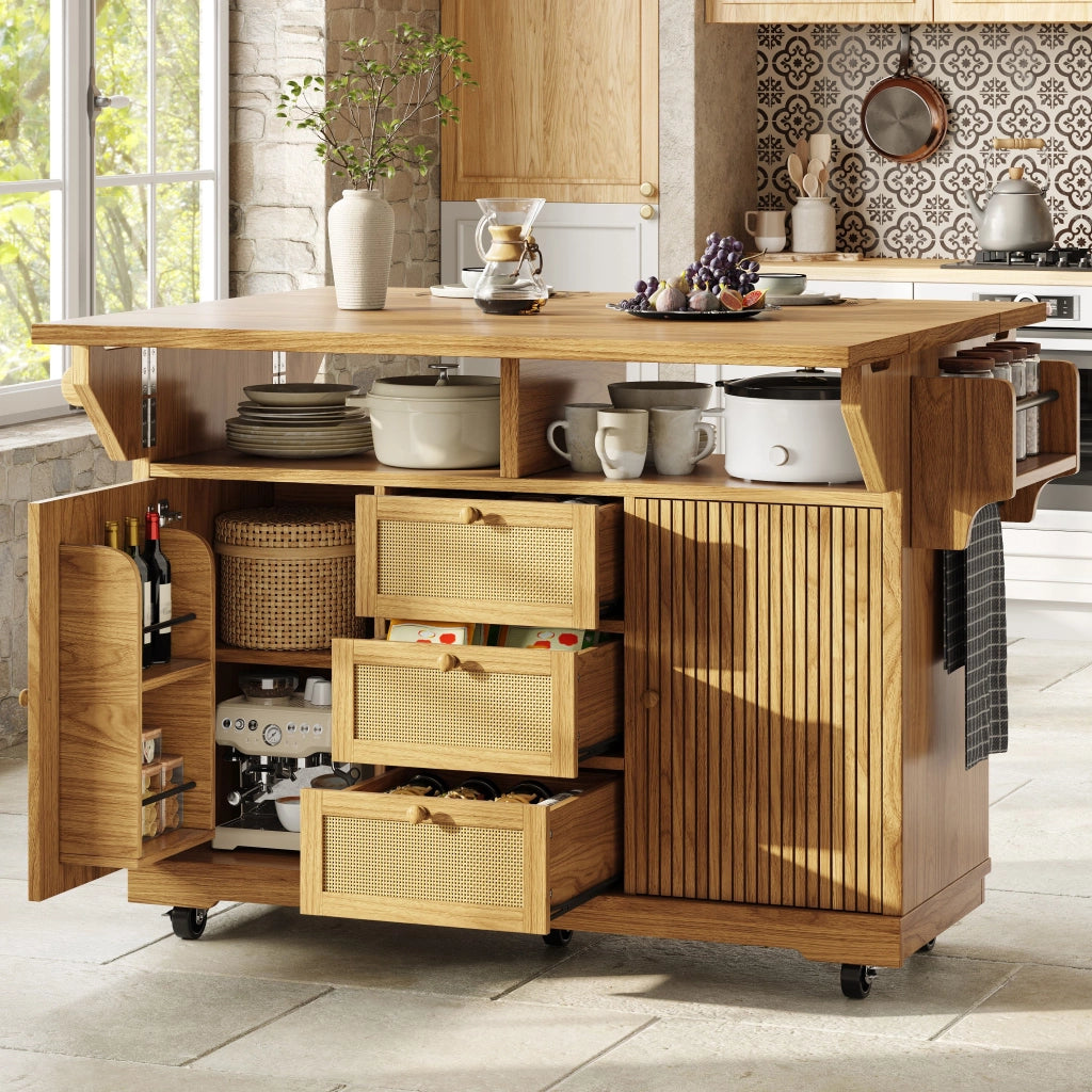 Carrello da cucina, credenza da cucina, mobile da cucina, con rotelle, piano di lavoro ribaltabile, 3 cassetti, colore naturale