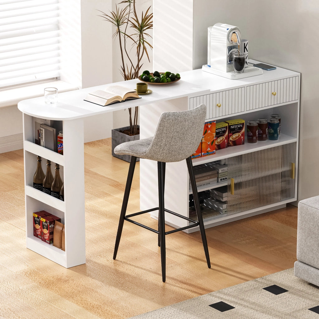 Mobile Bar Estensibile e Girevole con Vani Contenitori; LED e Porte USB e Type C per Cucina; MDF; Bianco; 120 x 50 x 95;5 cm