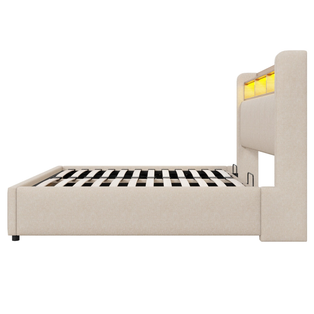 OKWISH Letto Contenitore 140×200 cm, Letto Matrimoniale con LED Regolabile, USB, Tipo C e Mensole, senza Materasso, in Tessuto, Beige