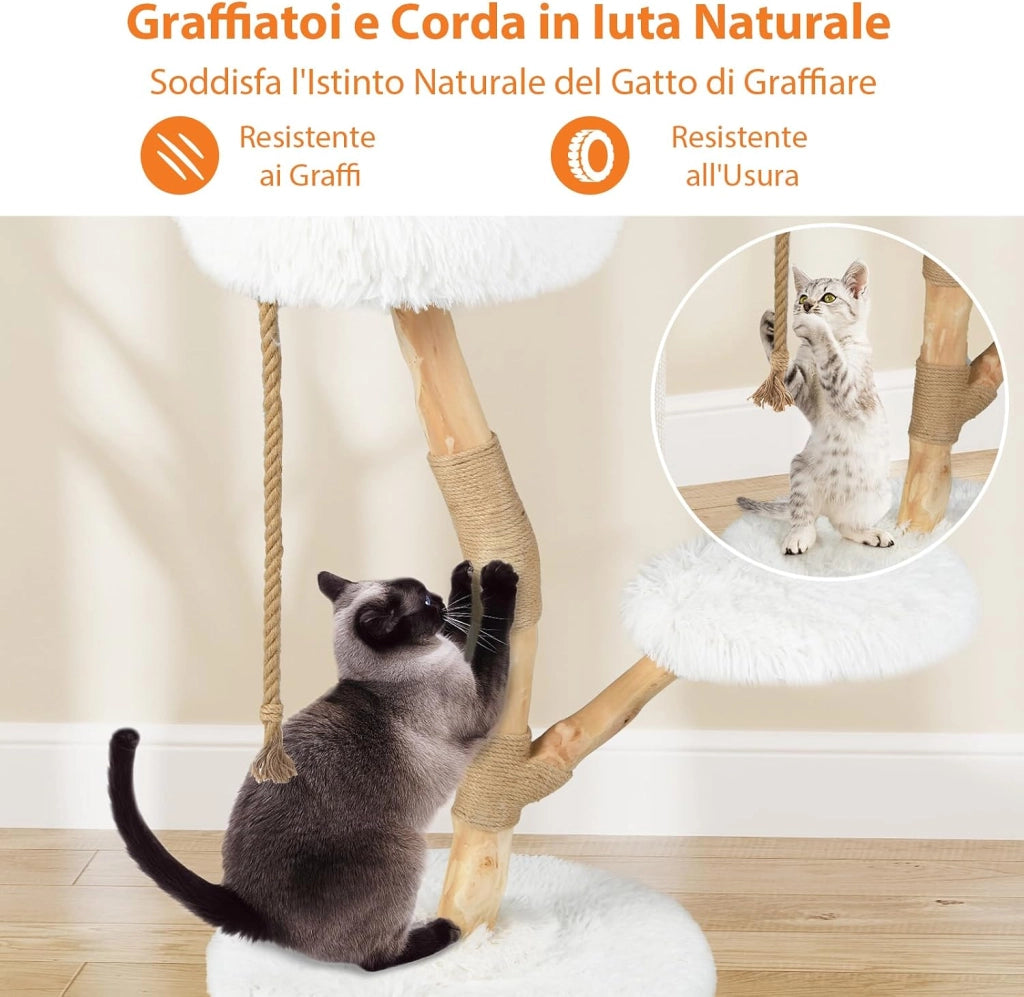 Albero per Gatti 90 cm, Torre Moderna in Legno con Piattaforme, Tiragraffi in Luta Naturale e Corda, Albero Tiragraffi per Animali Domestici (Bianco)