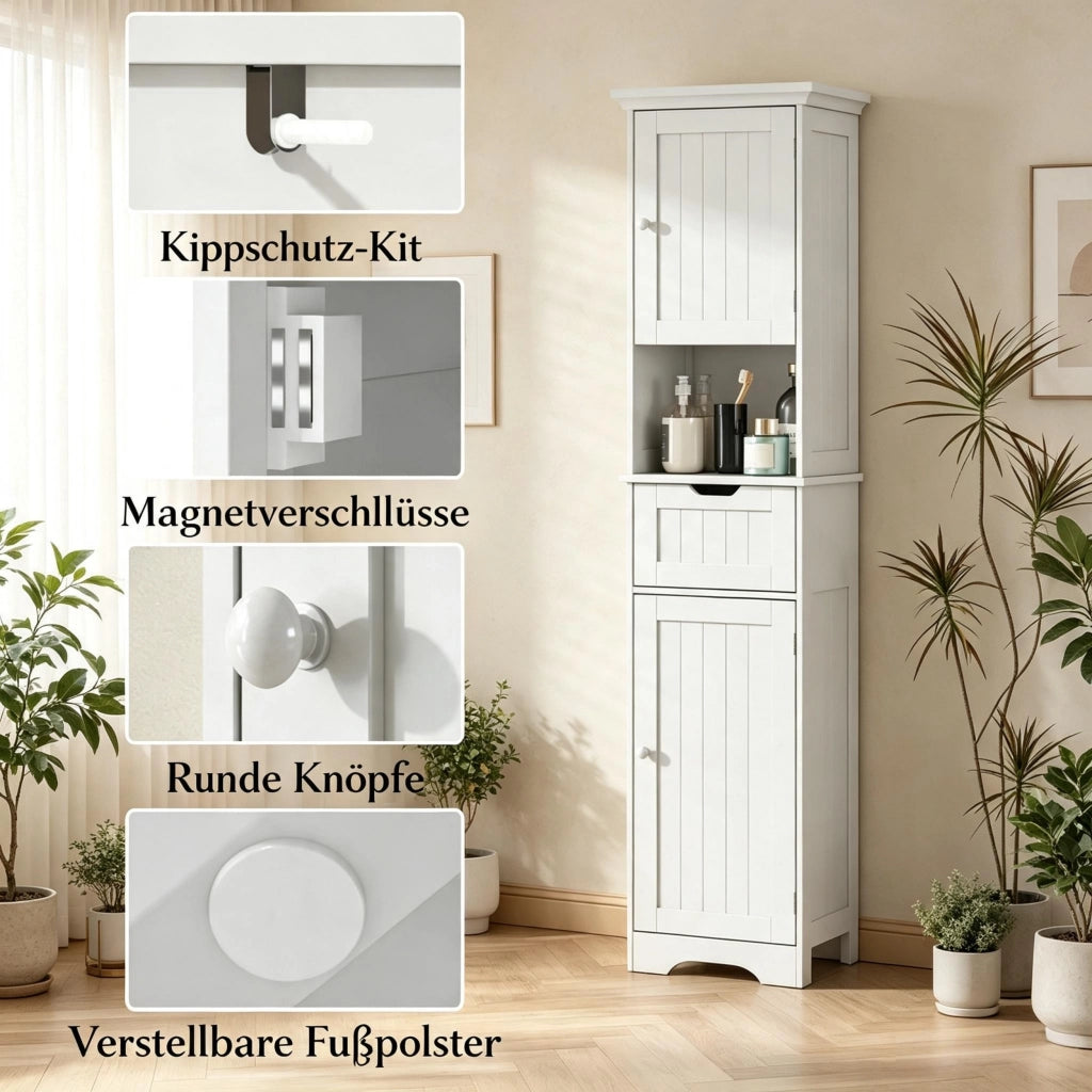 ARMADIO COLONNA BAGNO 40x30x170 cm Bianco in MDF con LED, 2 ante e cassetto