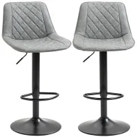 Set 2 Sgabelli da Bar Girevoli, Altezza Regolabile 86–106 cm, Pelle Sintetica, Schienale e Poggiapiedi, Grigio