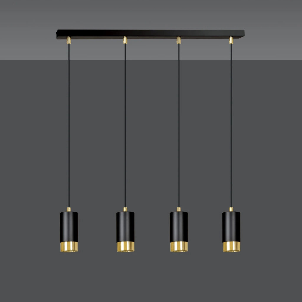 Lampadario 4 Luci Ivar Con Cilindri In Acciaio Nero E Oro