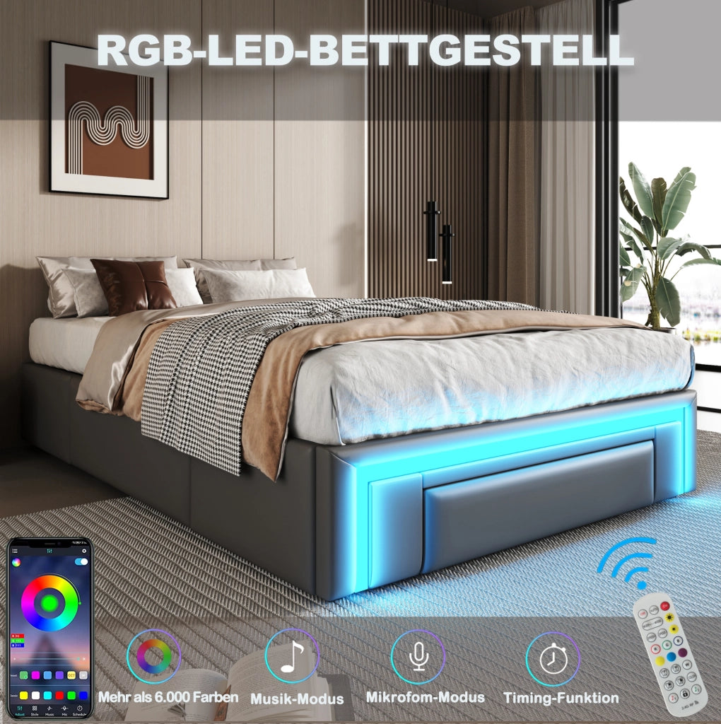 Letto imbottito 90x200 con cassetti e luce LED