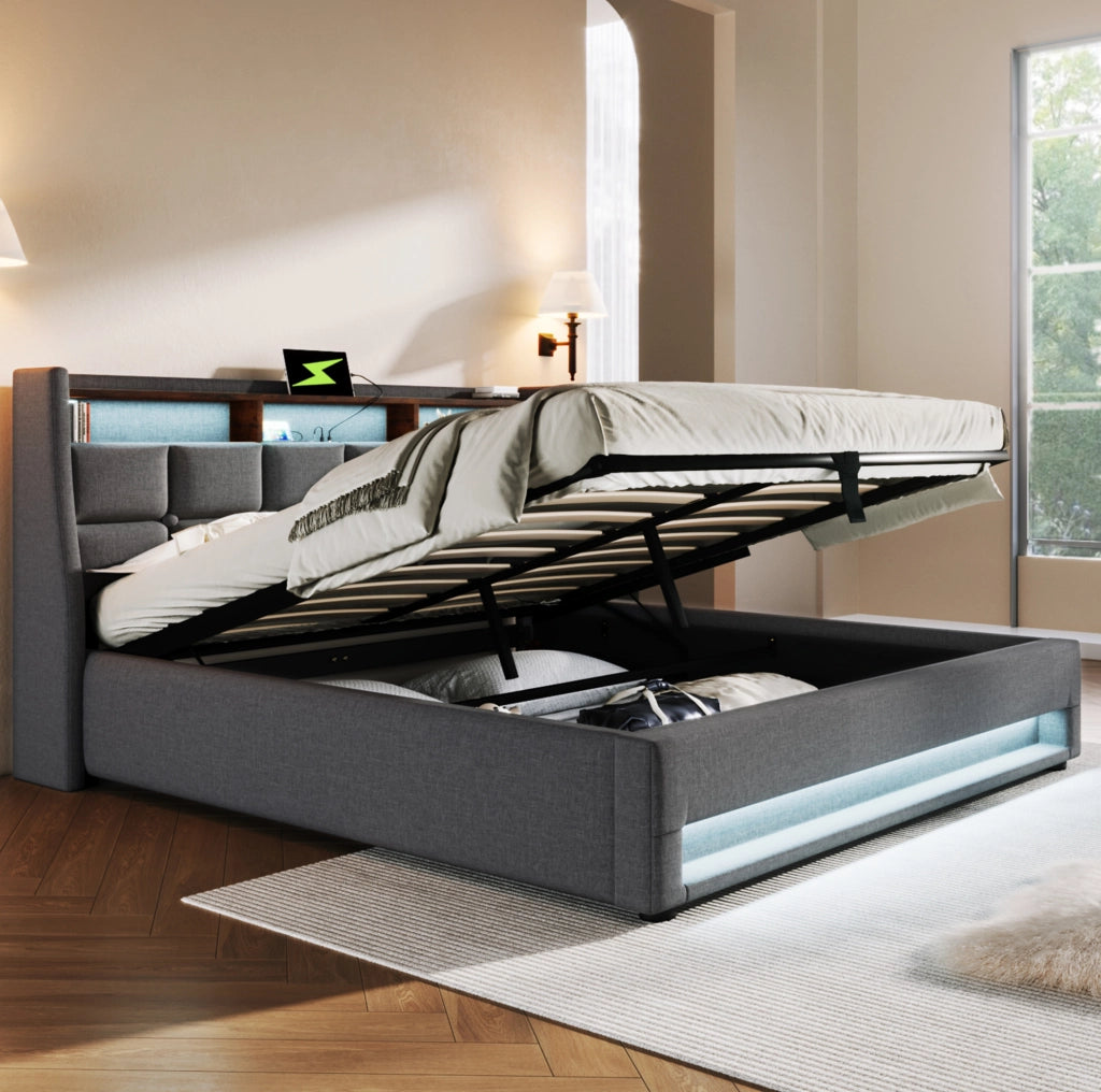 Letto imbottito 180x200 cm con LED, USB e contenitore