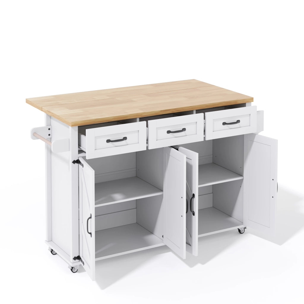 Isola da Cucina Mobile 140x43/70x90;5 cm Bianca con Piano Ribaltabile; 4 Ante; 3 Cassetti e 5 Ruote