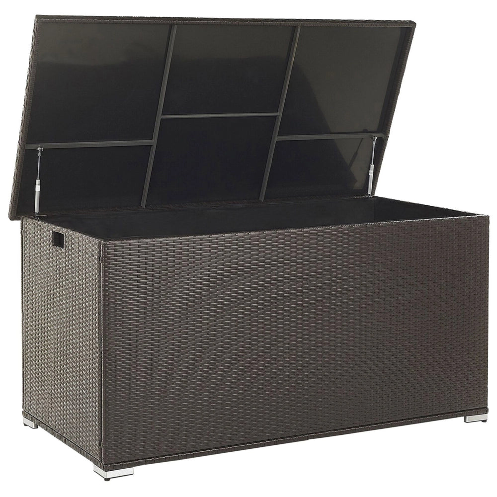Cesta baule portaoggetti da esterno Marrone finto rattan Cuscino da giardino da giardino 155 x 75 cm