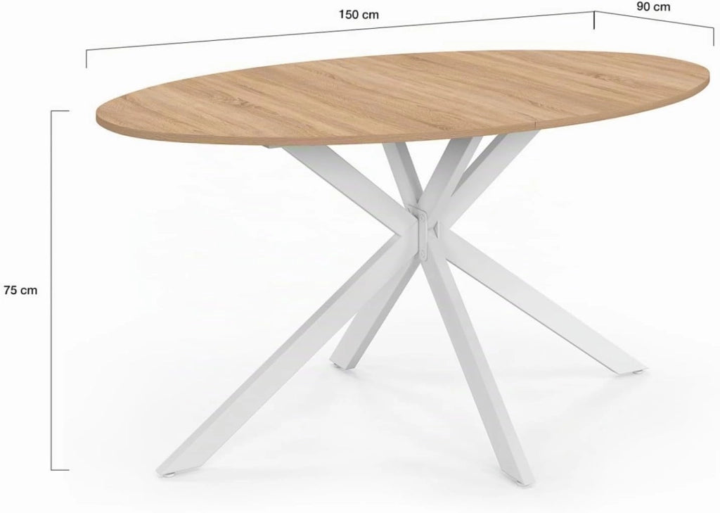 Tavolo da pranzo ovale ALIX per 8 persone con gambe in legno e ragno bianco 150 cm