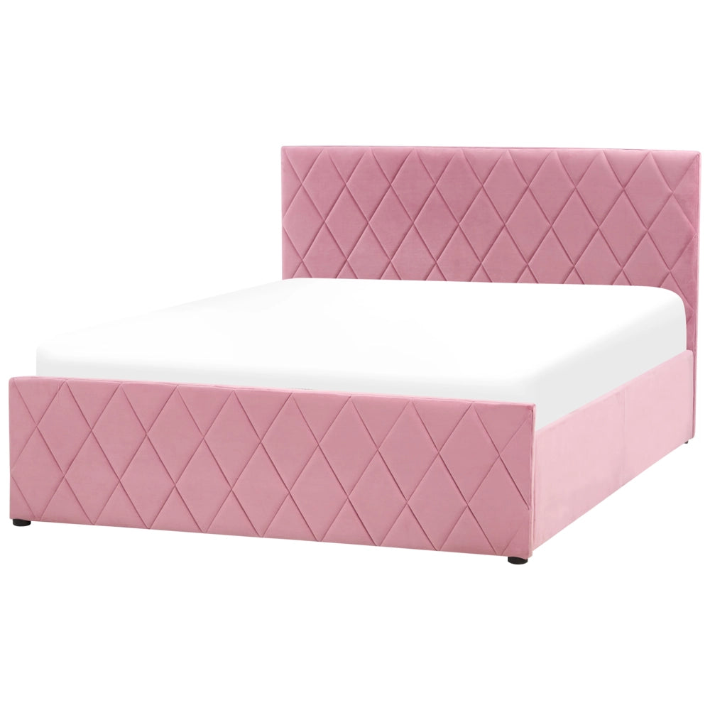 Letto contenitore Rivestimento in velluto rosa 140 x 200 cm con testiera trapuntata a diamante con base a doghe