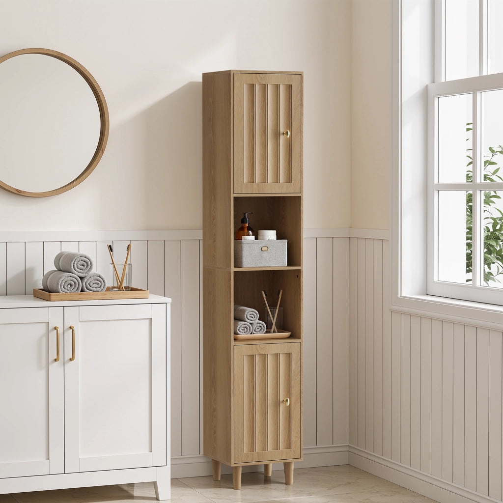 Armadietto da bagno con ante e vani aperti, stile mid-century, in MDF, rovere, per bagno e ingresso, 32 × 30 × 169 cm
